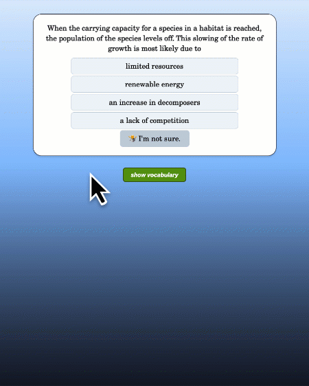 animation of a user clicking vocab and then answering a question